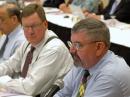 ARRL General Counsel Chris Imlay, W3KD (right) also attended the Board meeting. ARRL Chief Operating Officer Harold Kramer, WJ1B (left) and ARRL Chief Financial Officer Barry Shelley, N1VXY (center), are to Imlay's left. [Steve Ford, WB8IMY, Photo]